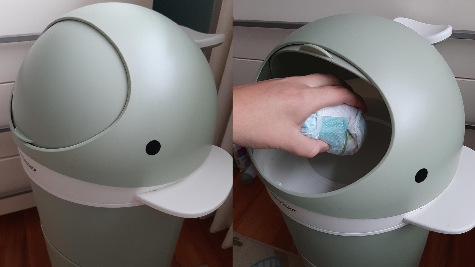 Der Windeleimer von Kindsgut lässt sich kinderleicht mit einer Hand bedienen.