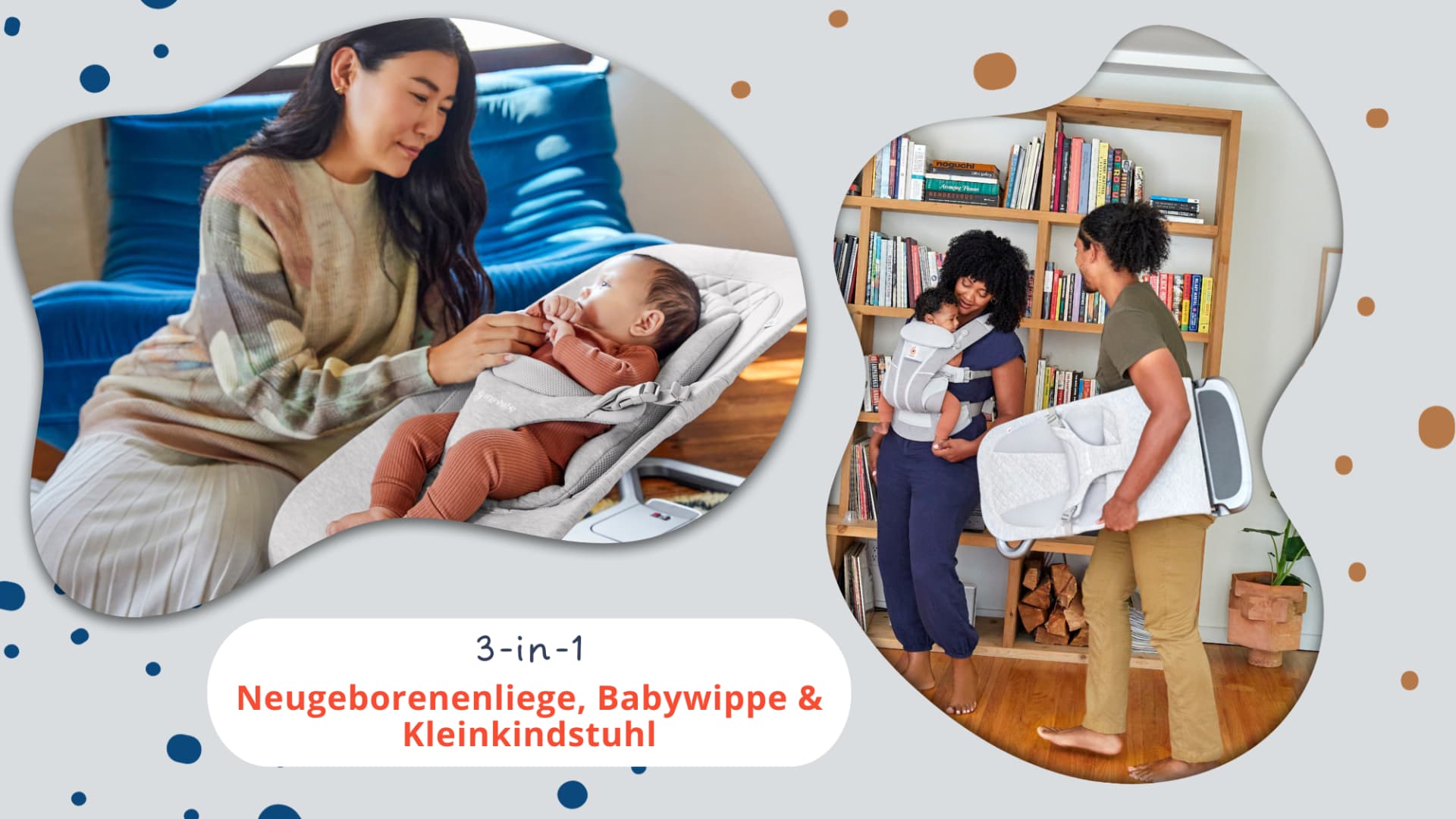 Ein Produkt, drei Funktionen: Neugeborenenliege, Babywippe und Kleinkindstuhl.