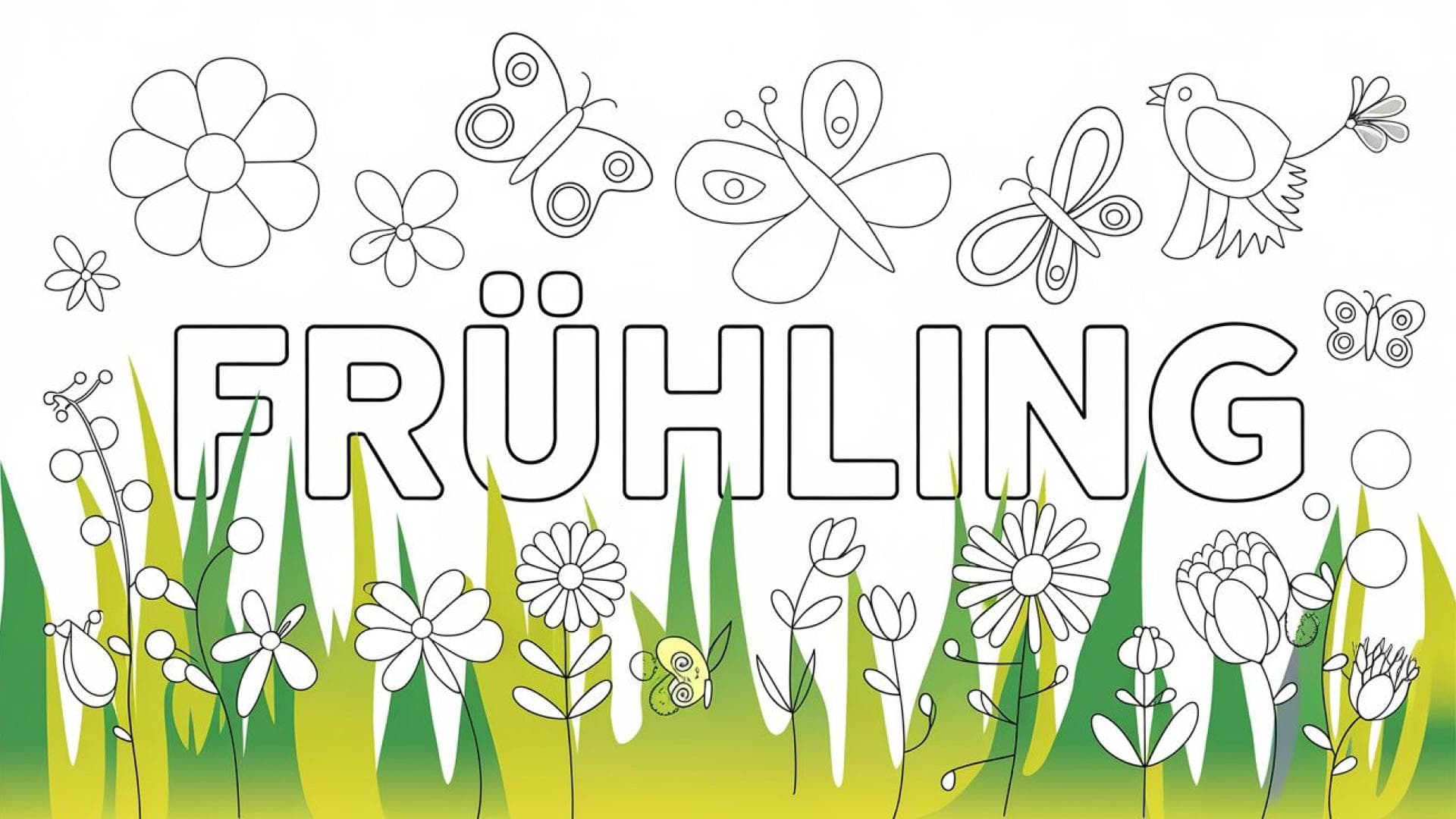 Ein illustriertes Ausmalbild mit dem Thema Frühling