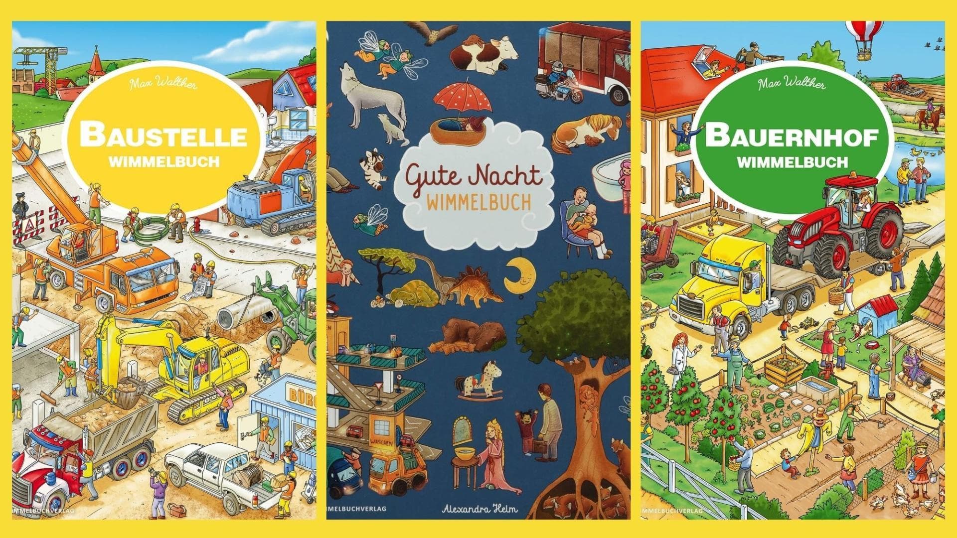 Drei unterschiedliche Wimmelbücher: Baustelle, Gute Nacht und Bauernhof. Drei unterschiedliche Wimmelbücher: Baustelle, Gute Nacht und Bauernhof.