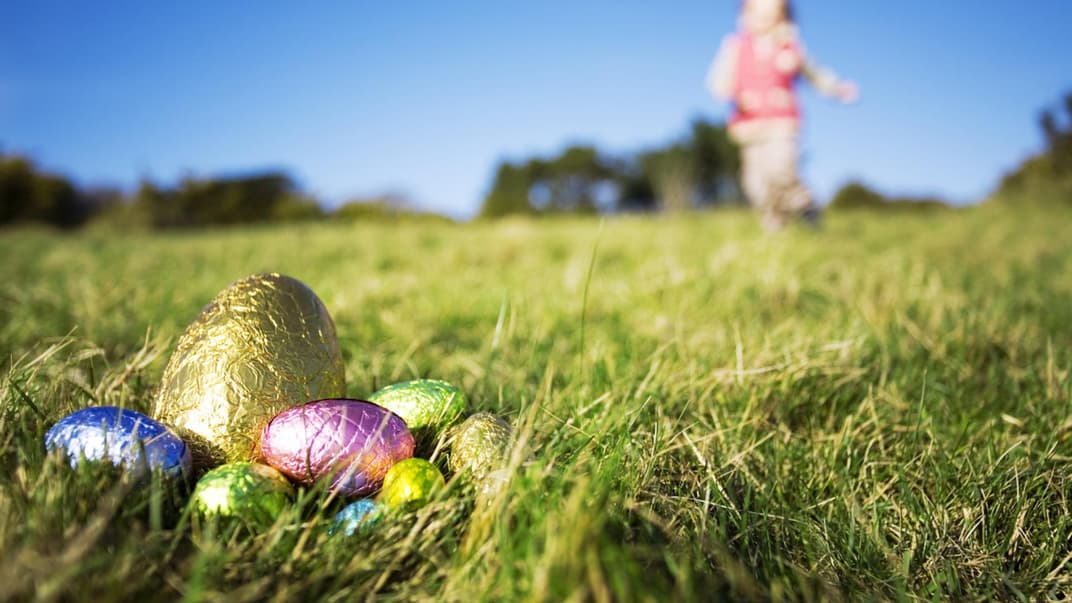 Schoko-Ostereier liegen auf der Wiese, Kind sucht Ostereeier. 