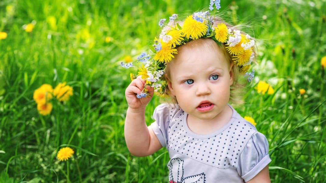 Kleines Mädchen mit Blumenkranz auf dem Haar steht auf einer Wiese.