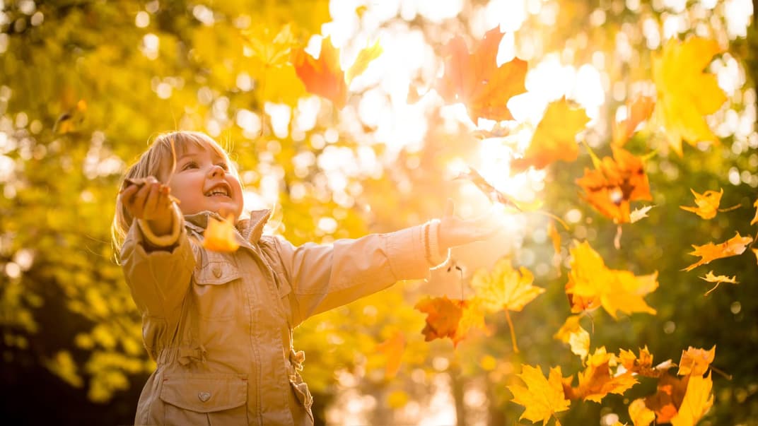 Ein Mädchen spielt mit Herbstblättern