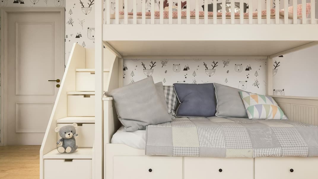 Ein multifunktionales Hochbett mit Stauraum-Flächen und Kuschelecke.