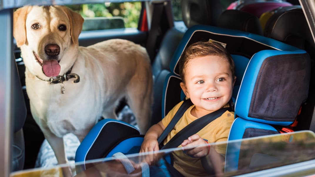 Ein kleiner lächelnder Junge sitzt in einem Kindersitz im Auto.