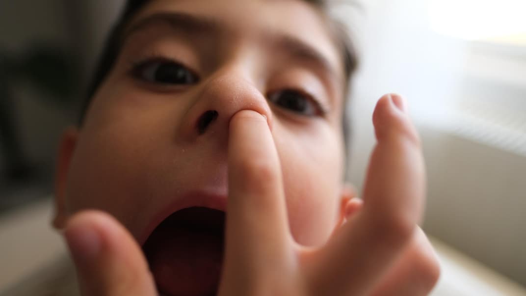 Ein kleiner Junge steckt seinen Finger in die Nase. 
