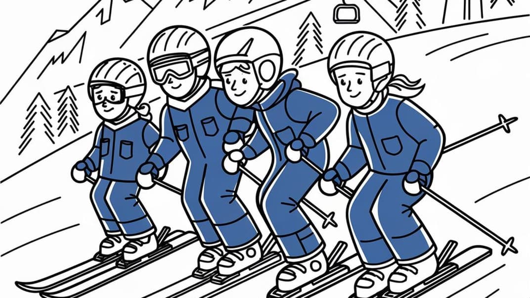 Ein winterliches Ausmalbild, auf dem eine Familie beim Skifahren zu sehen ist. 