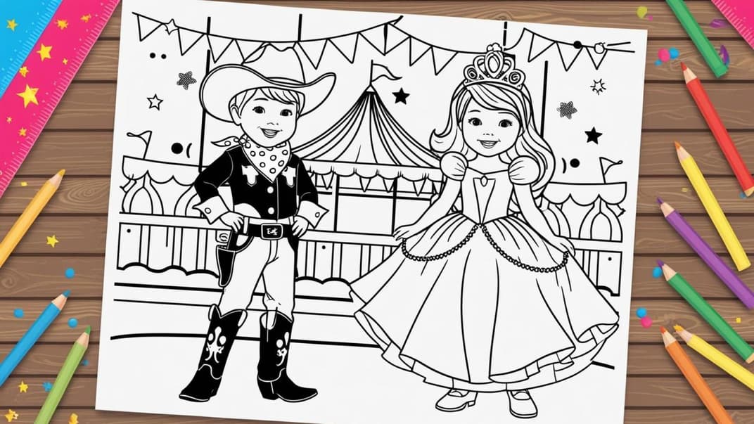 Ein Ausmalbild für Kinder zu Fasching, auf dem ein Cowboy und eine Prinzessin zu sehen sind