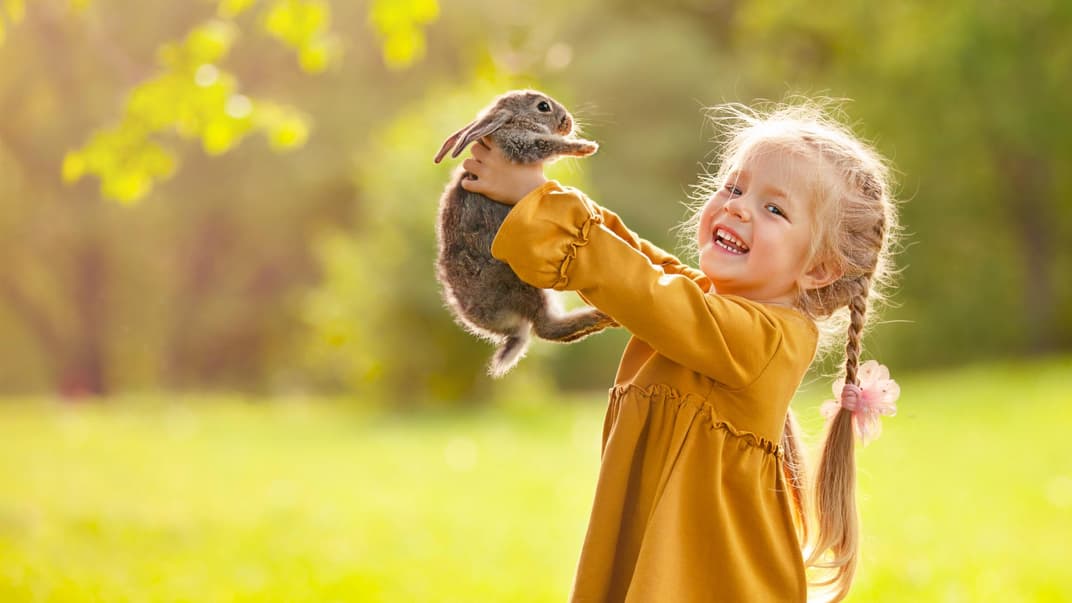 Mädchen hält Hasen hoch.