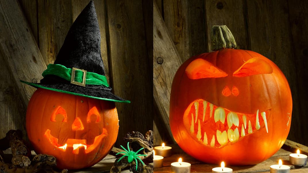 Zwei gruselige Halloween-Kürbisse