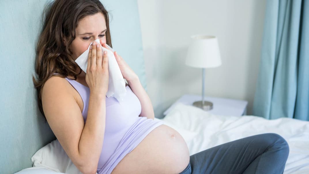 Schwangere Frau putzt sich die Nase.