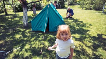 Familie baut ein Zelt im Garten auf.
