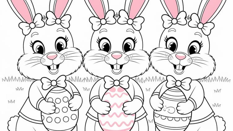 Ein Ausmalbild für Kinder, auf dem drei Osterhasen zu sehen sind. 