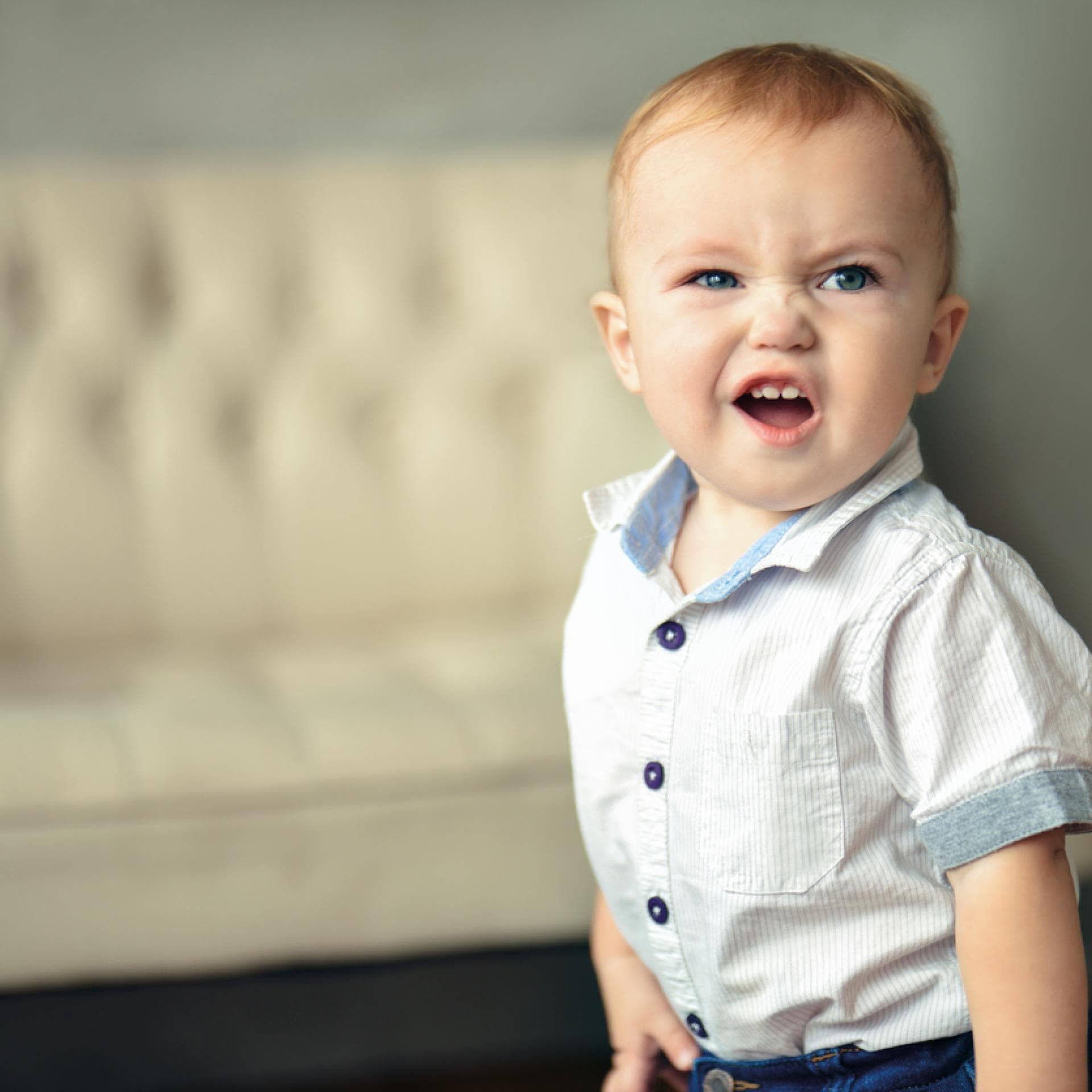 Kleiner Baby-Junge rümpft die Nase und schaut keck in die Gegend. 