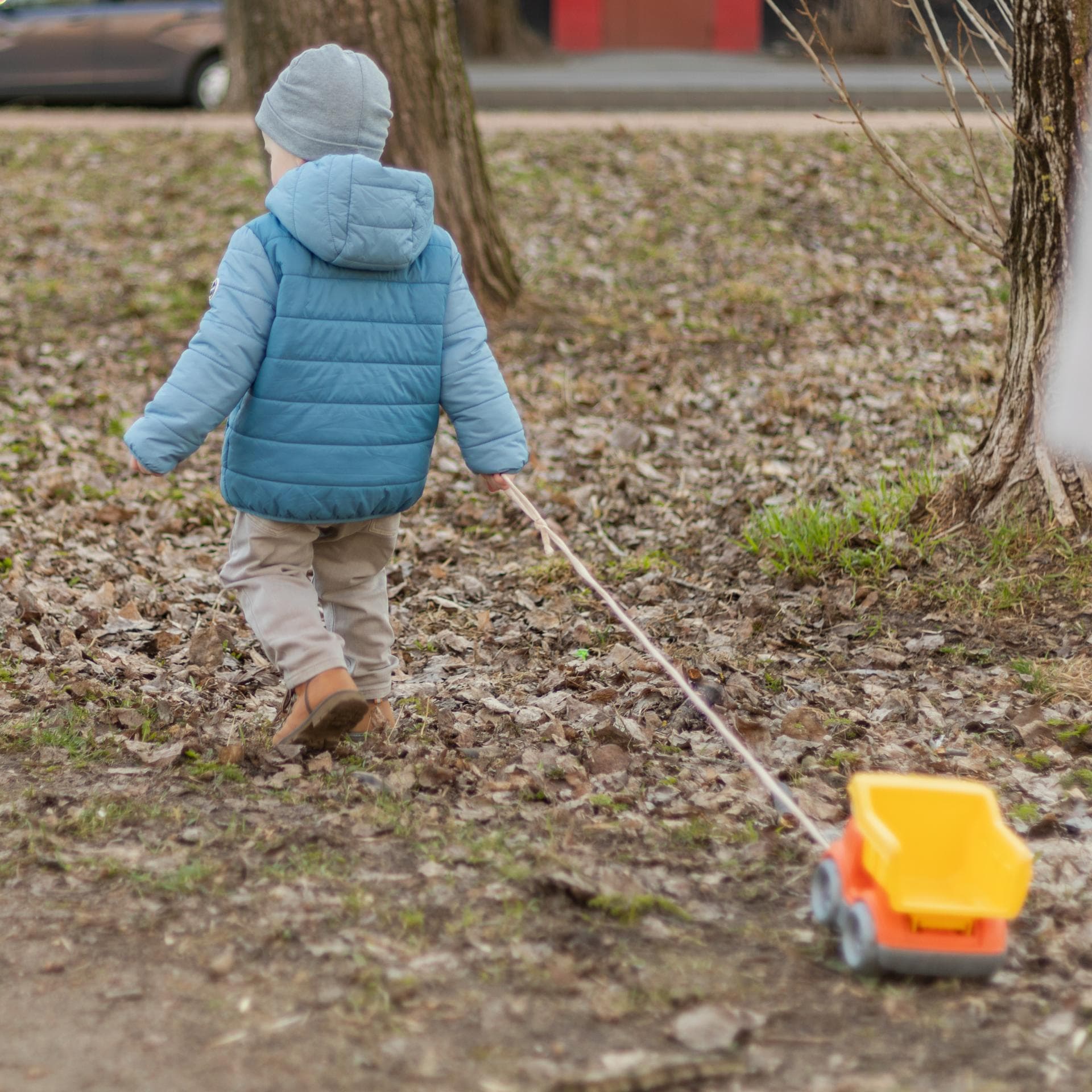 Kleinkind von hinten zieht seinen Kipplaster.