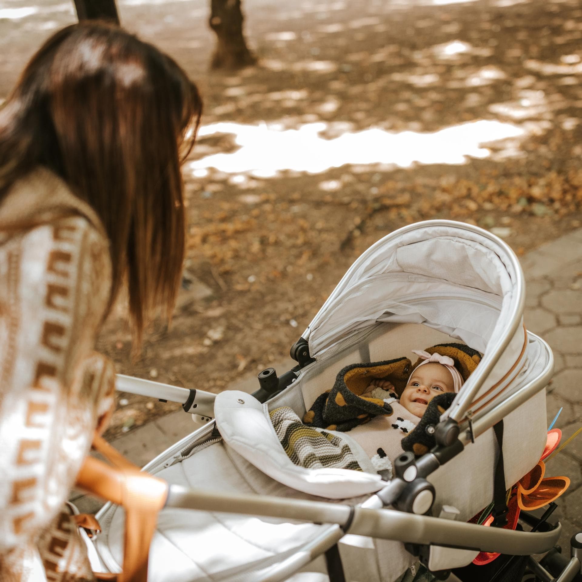 Mutter schiebt Baby im Kinderwagen.