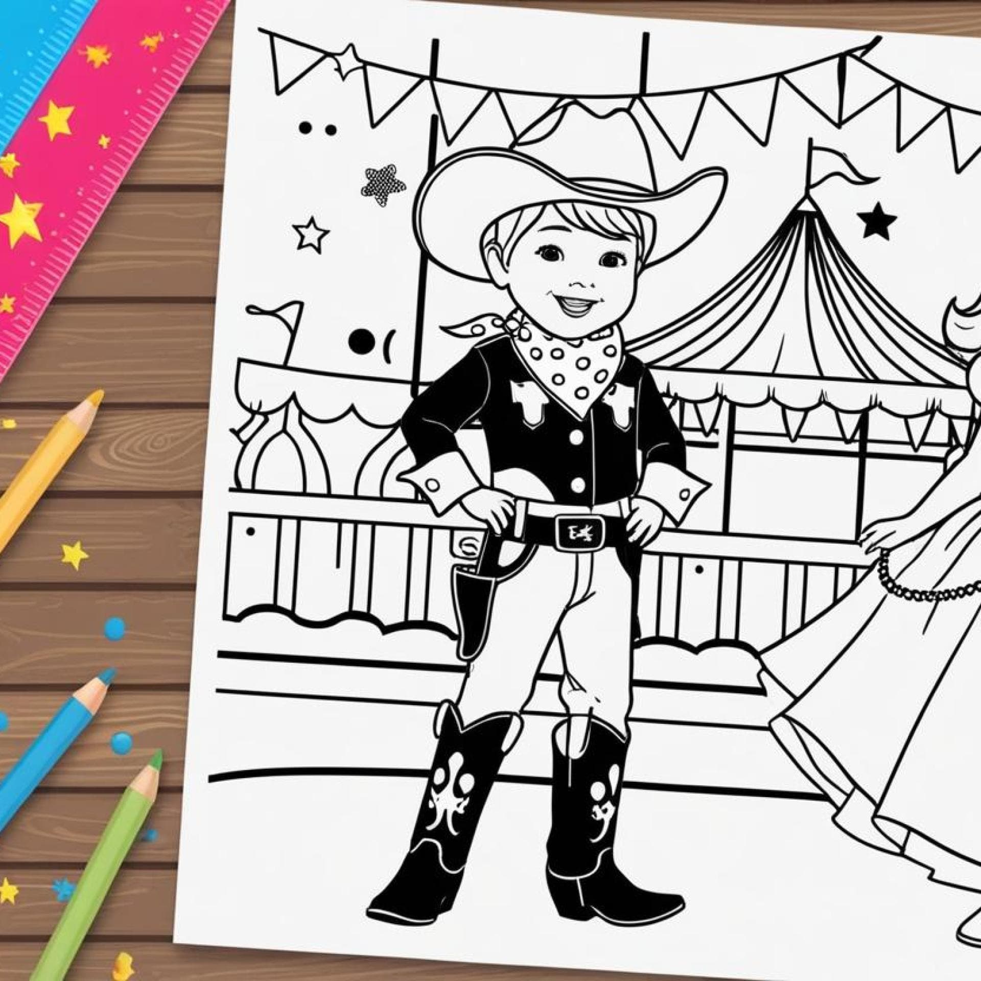 Ein Ausmalbild für Kinder zu Fasching, auf dem ein Cowboy und eine Prinzessin zu sehen sind