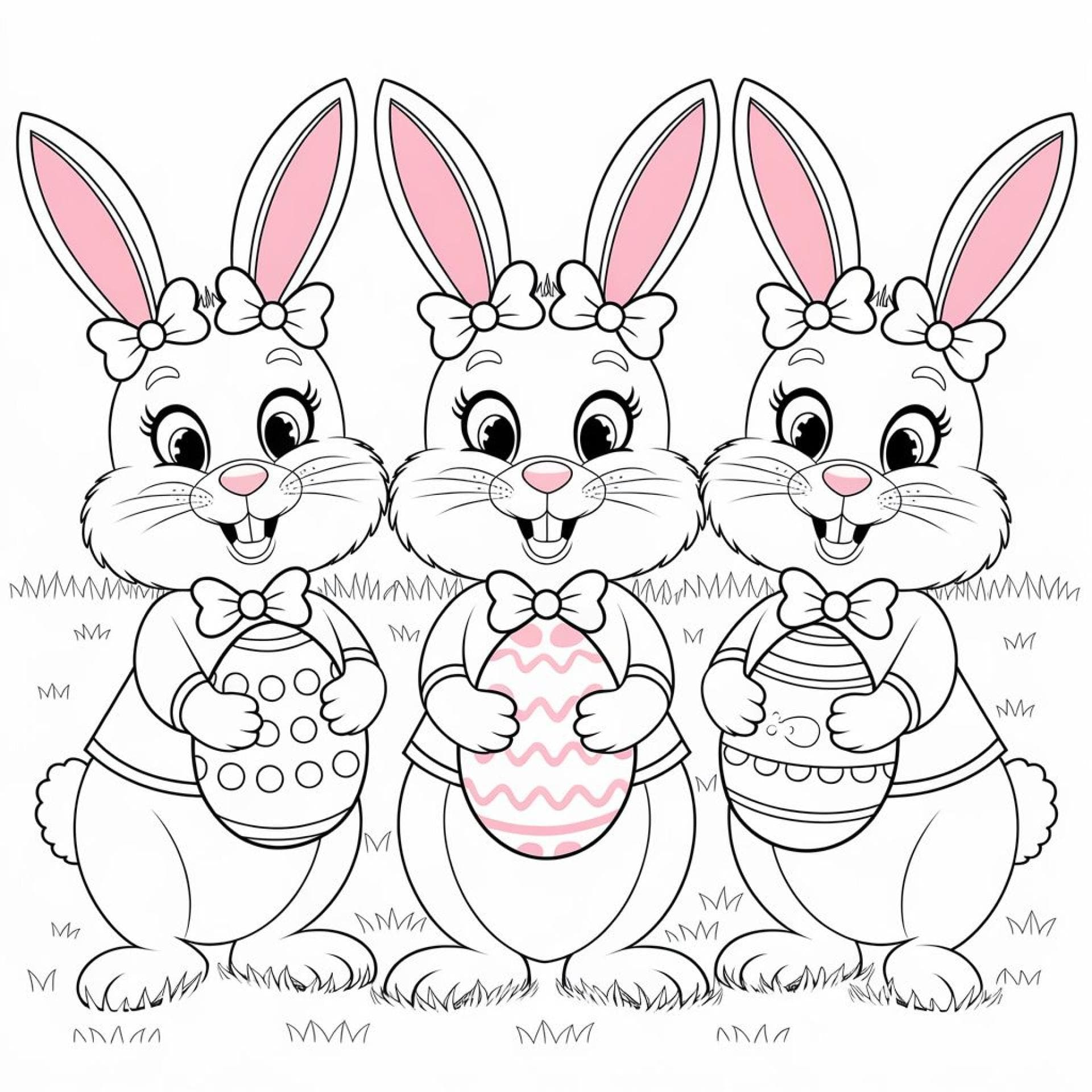 Ein Ausmalbild für Kinder, auf dem drei Osterhasen zu sehen sind. 