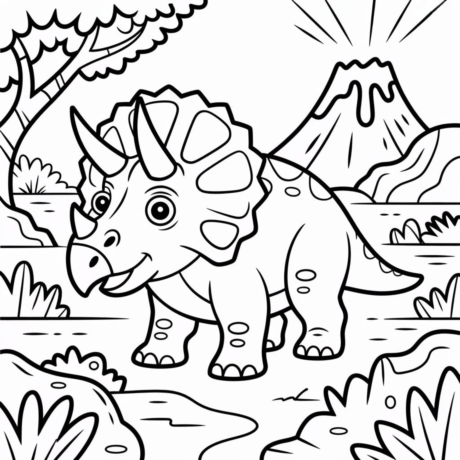 Ausmalbild Triceratops mit Vulkan