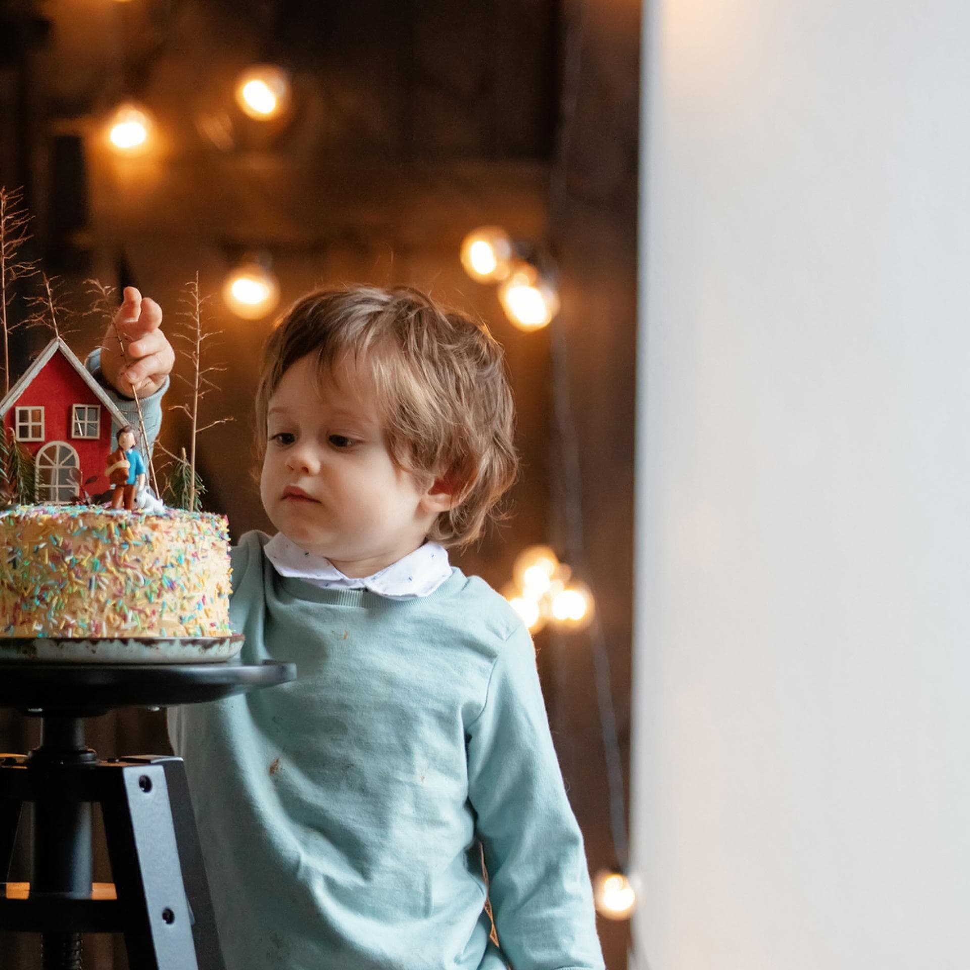 Ein kleiner Junge steht vor einer Torte. 