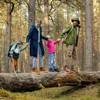 Familie läuft auf Baumstamm im Wald.