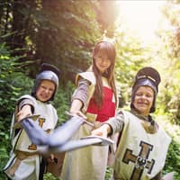 Zwei Jungs und ein Mädchen sind verkleidet als Ritter und Königin im Wald.