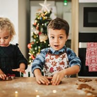 Ein Mädchen und ein Junge kneten zuckerfreien Plätzchen-Teig mit den Händen zur Weihnachtszeit.
