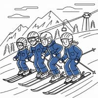 Ein winterliches Ausmalbild, auf dem eine Familie beim Skifahren zu sehen ist. 