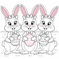 Ein Ausmalbild für Kinder, auf dem drei Osterhasen zu sehen sind. 