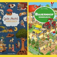 Drei unterschiedliche Wimmelbücher: Baustelle, Gute Nacht und Bauernhof.