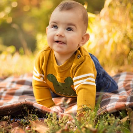 Ein Baby krabbelt auf einer Picknick-Decke.