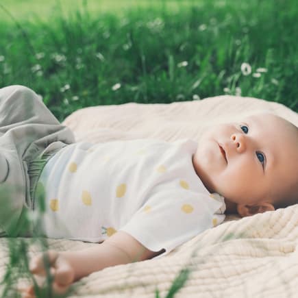 Baby liegt auf einer Wiese.