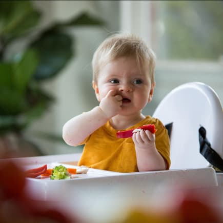 Baby sitzt in Hochstuhl mit Tisch und isst