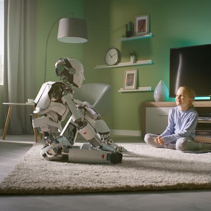 Kind sitzt mit einem Roboter im Wohnzimmer. 