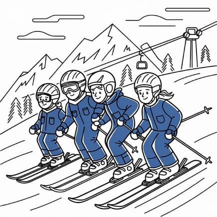 Ein winterliches Ausmalbild, auf dem eine Familie beim Skifahren zu sehen ist. 