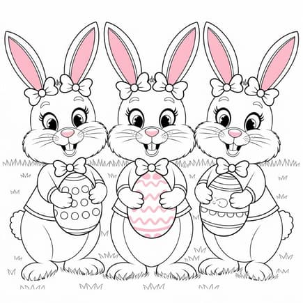 Ein Ausmalbild für Kinder, auf dem drei Osterhasen zu sehen sind. 