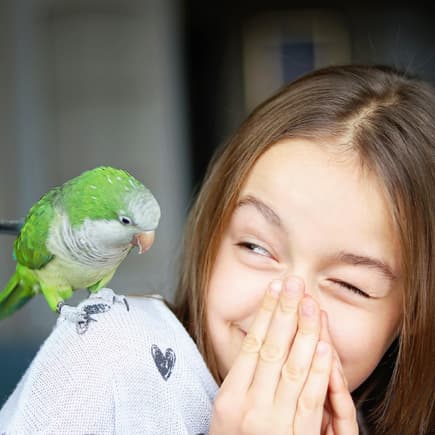 Mädchen mit Papagei auf der Schulter.
