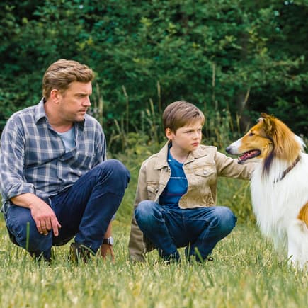 Starkes Trio in der neuen Lassie-Verfilmung: Andreas (Sebastian Bezzel, l.) und Flo (Nico Marischka) mit der Collie-Hündin.