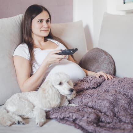 Schwangere Frau mit Hund zappt im Fernseher.