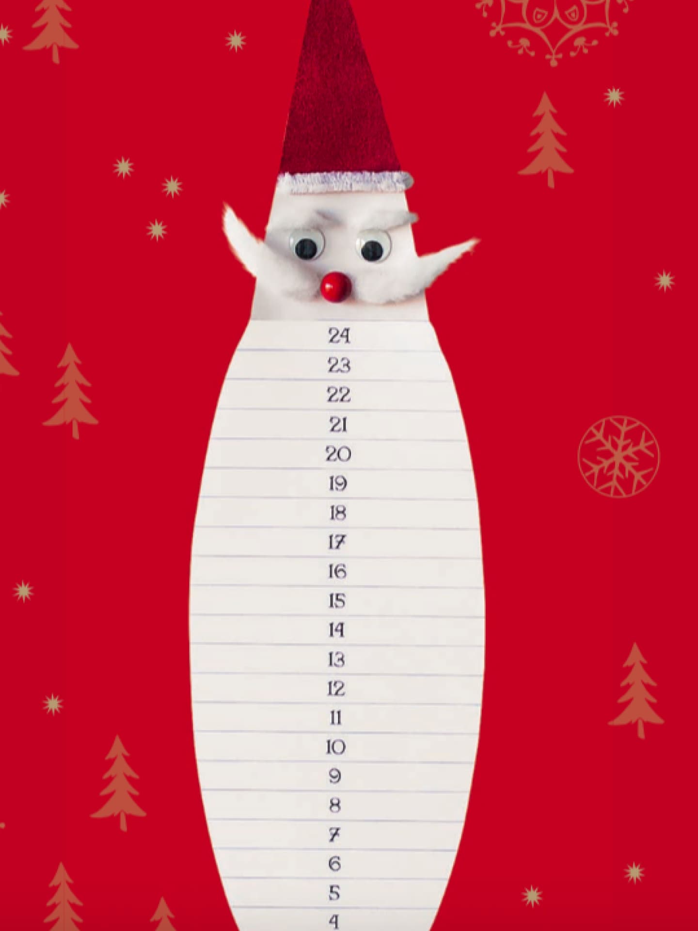 Bei diesem Adventskalender können eure Kinder dem Weihnachtsmann den Bart abschneiden. Ein selbst gebastelter Adventskalender, dei dem man dem Weihnachtsmann jeden Tag ein Stück Bart abschneiden kann.