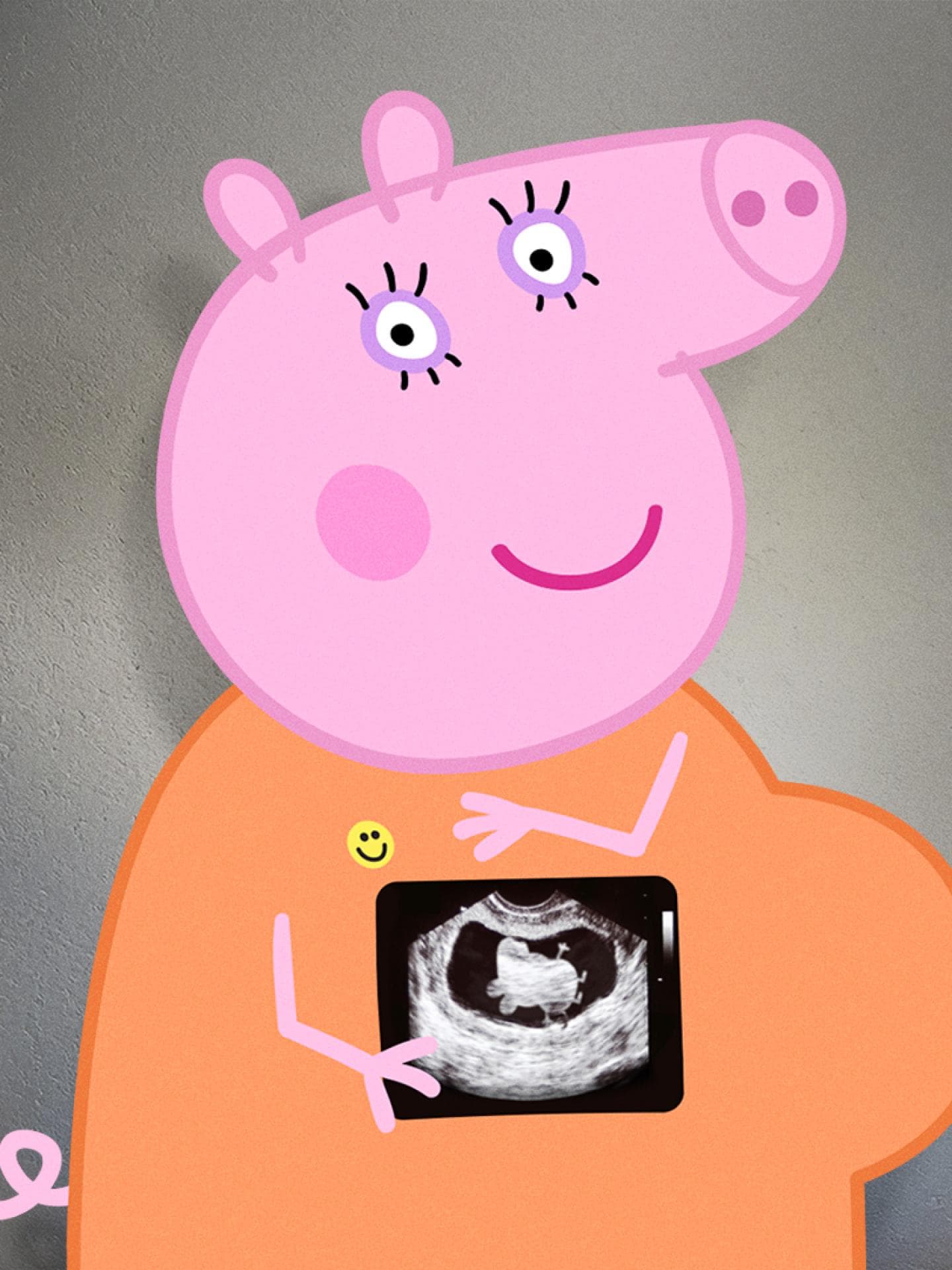 Mama Wutz ist wieder schwanger. Mama Wutz mit Ultraschallbild.