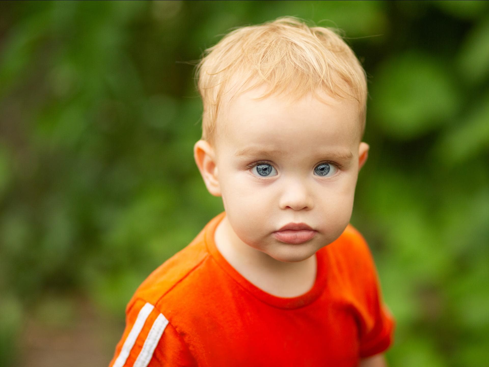 Ein kleiner, blonde Junge schaut in die Kamera.