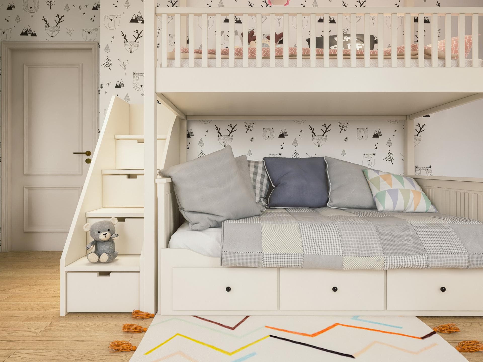 Ein multifunktionales Hochbett mit Stauraum-Flächen und Kuschelecke.