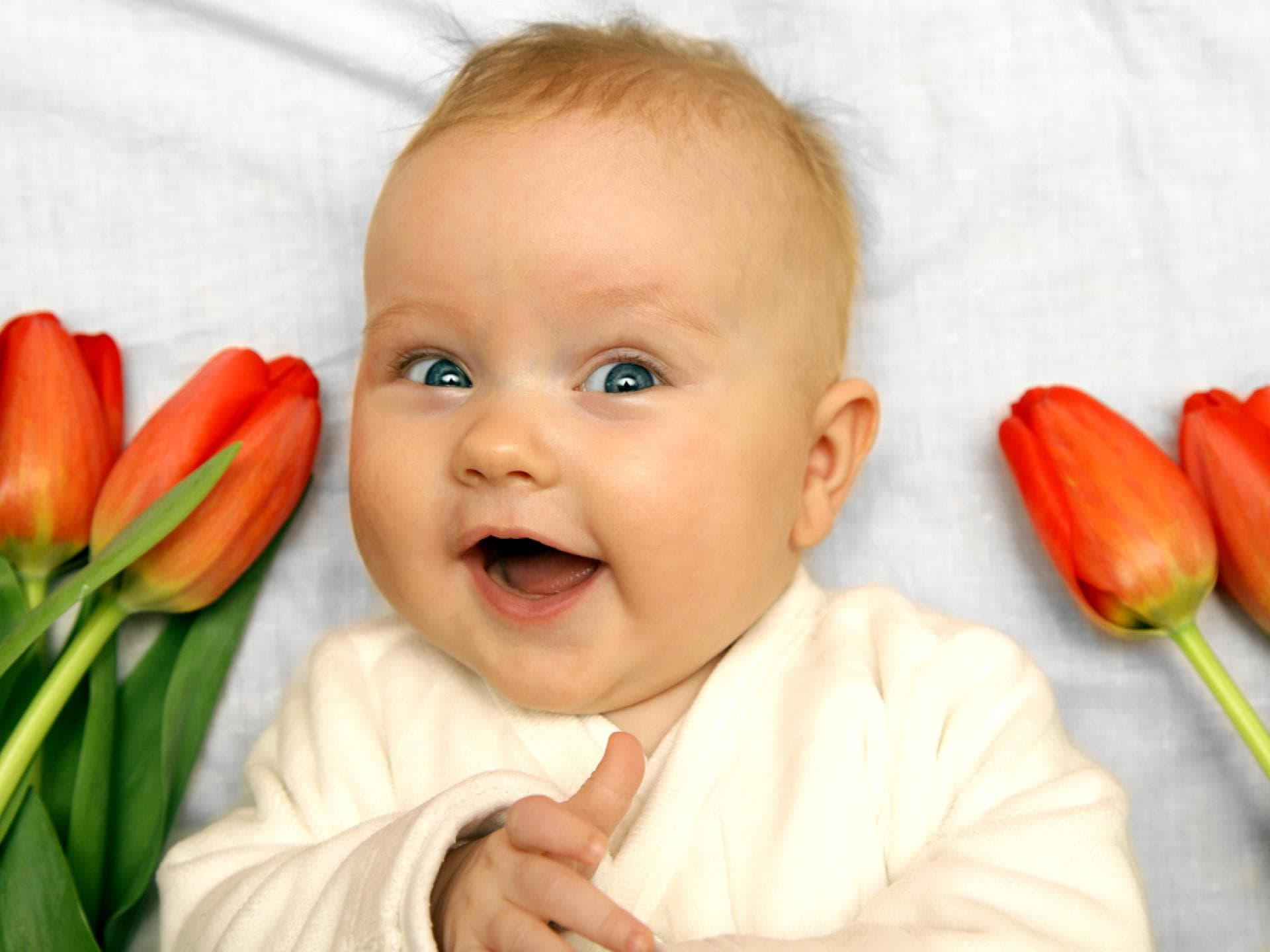 Süßes Baby inmitten von Tulpen zeigt den Daumen hoch Süßes Baby inmitten von Tulpen zeigt den Daumen hoch