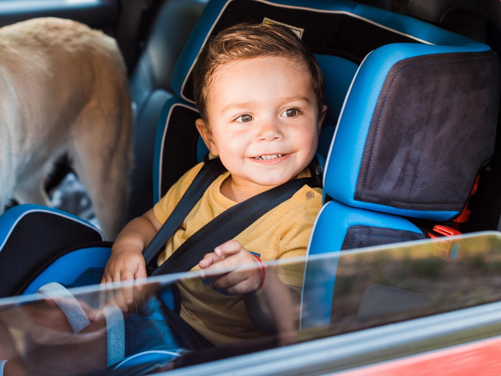 Ein kleiner lächelnder Junge sitzt in einem Kindersitz im Auto.