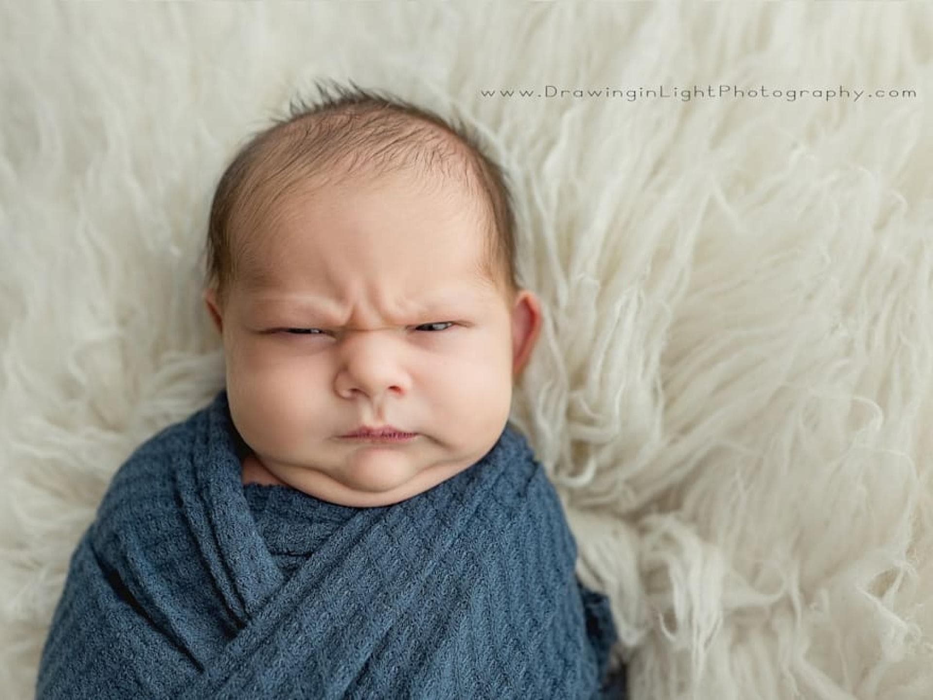 Mit diesen Bilder wurde der kleine Trent als "Grumpy Baby" weltbekannt Ein Baby, das mürrisch guckt.