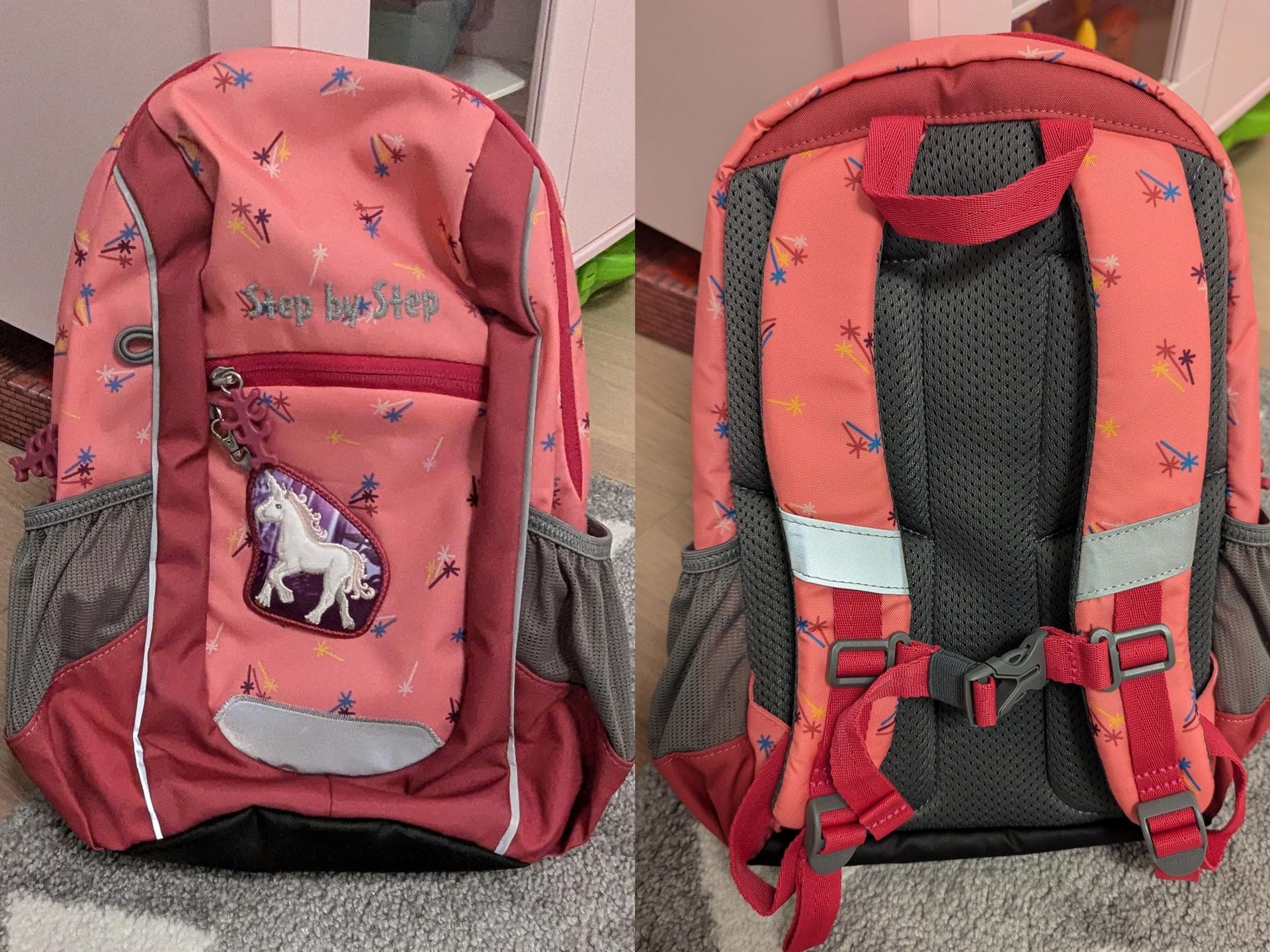 Mama und Tochter finden das Einhorn-Design des Rucksacks sehr gelungen.