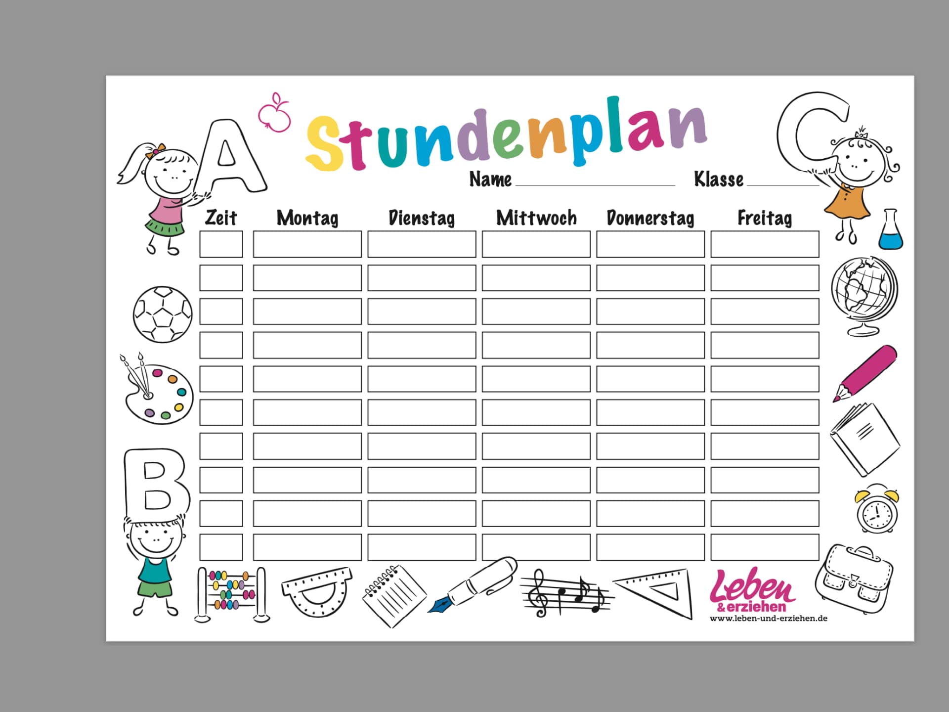 Vorlage eines Stundenplans zum Ausdrucken