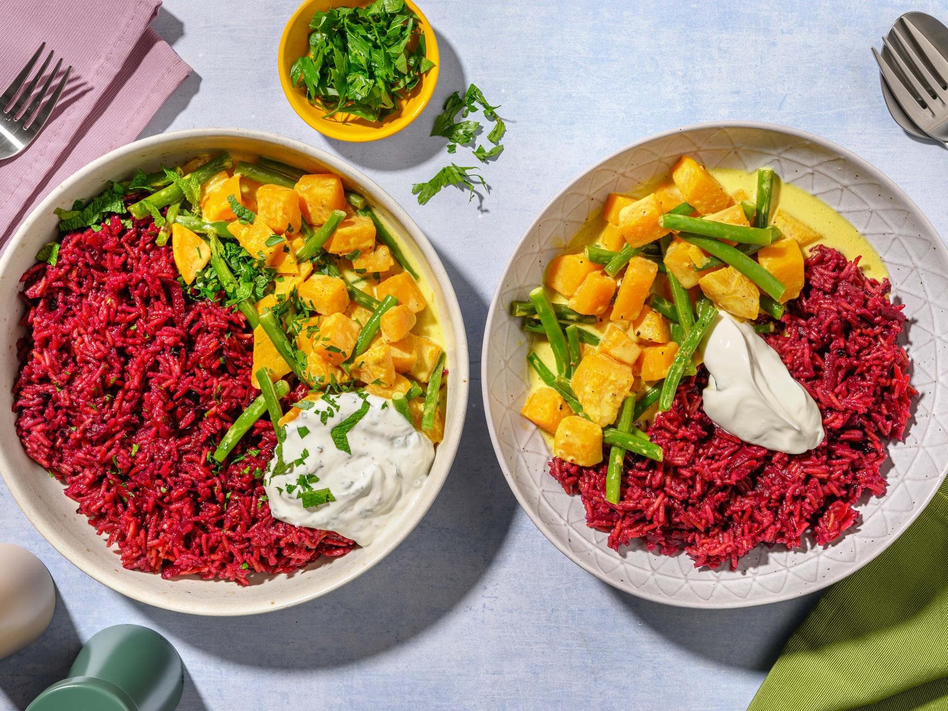 Lila Lieblingsreis mit Kürbis-Kokos-Curry.