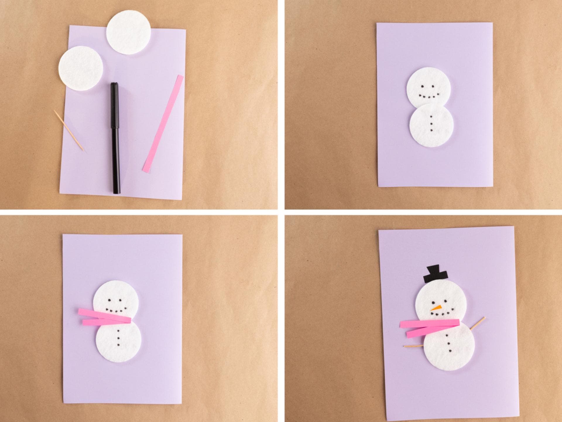 Eine Weihnachtskarte aus Wattepads: Schneemänner